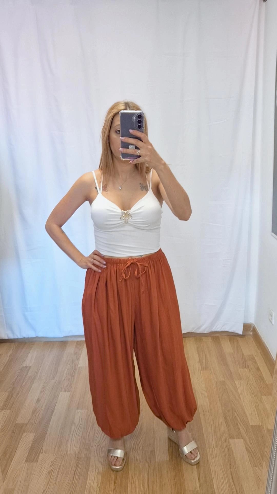 Pantalon globo fluido teja