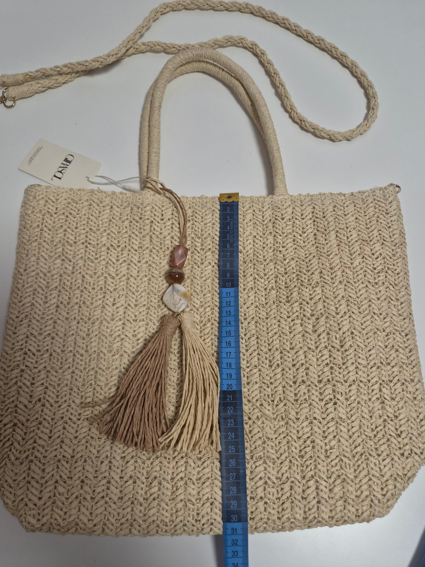 Bolso Tote Rafia Crudo con Pompón - medida alto 30cm