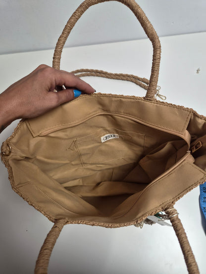 Bolso Tote Rafia Camel con Pompón - interior forrado con bolsillo