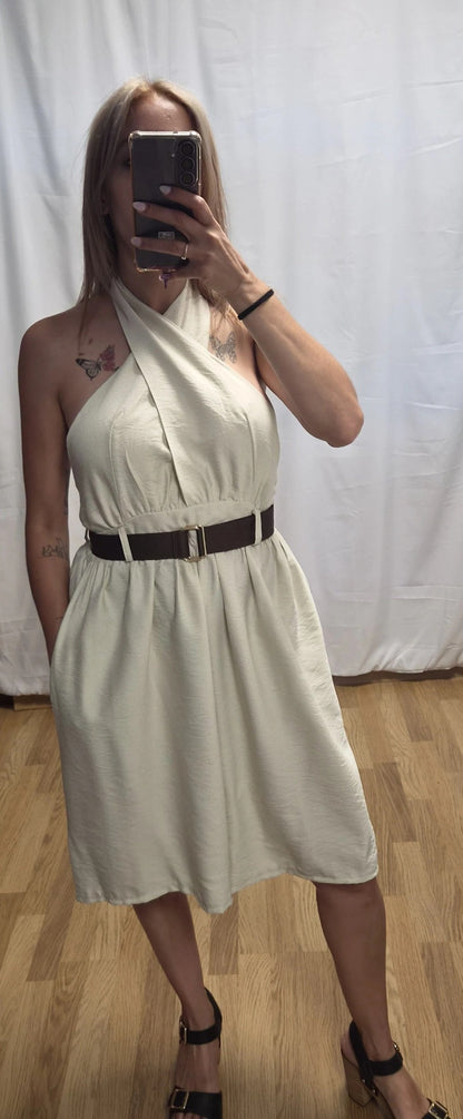 Mono Halter Multiposición Beige - vista frontal escote cruzado