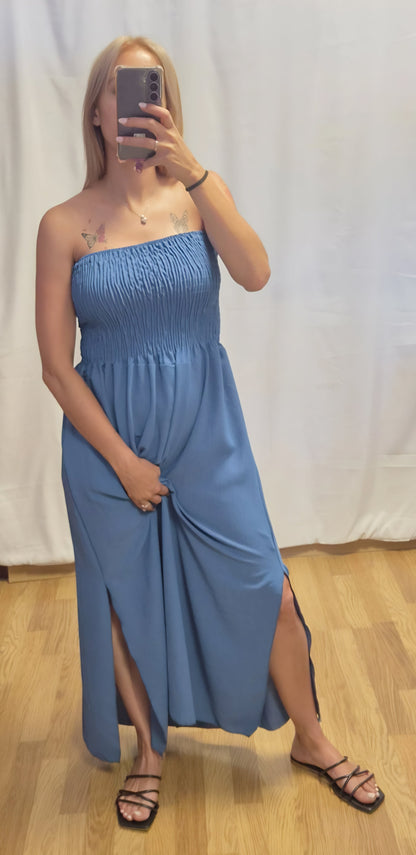 Vestido Largo Azul Palabra de Honor - abertura lateral