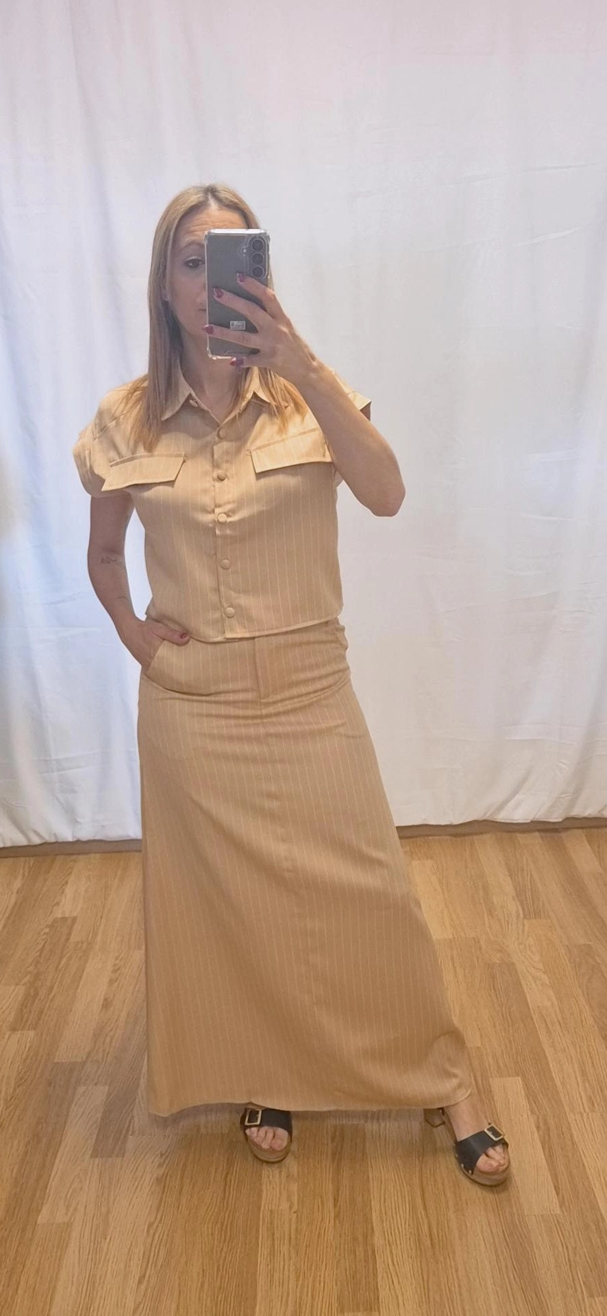 Conjunto camisa manga corta y falda larga rayas