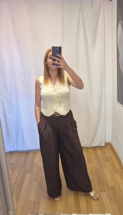 Pantalón palazo pinzas marrón chocolate