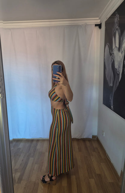 Vestido de tejido de punto calado estilo crochet azul