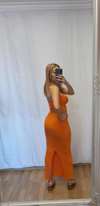 vestido palabra de honor naranja