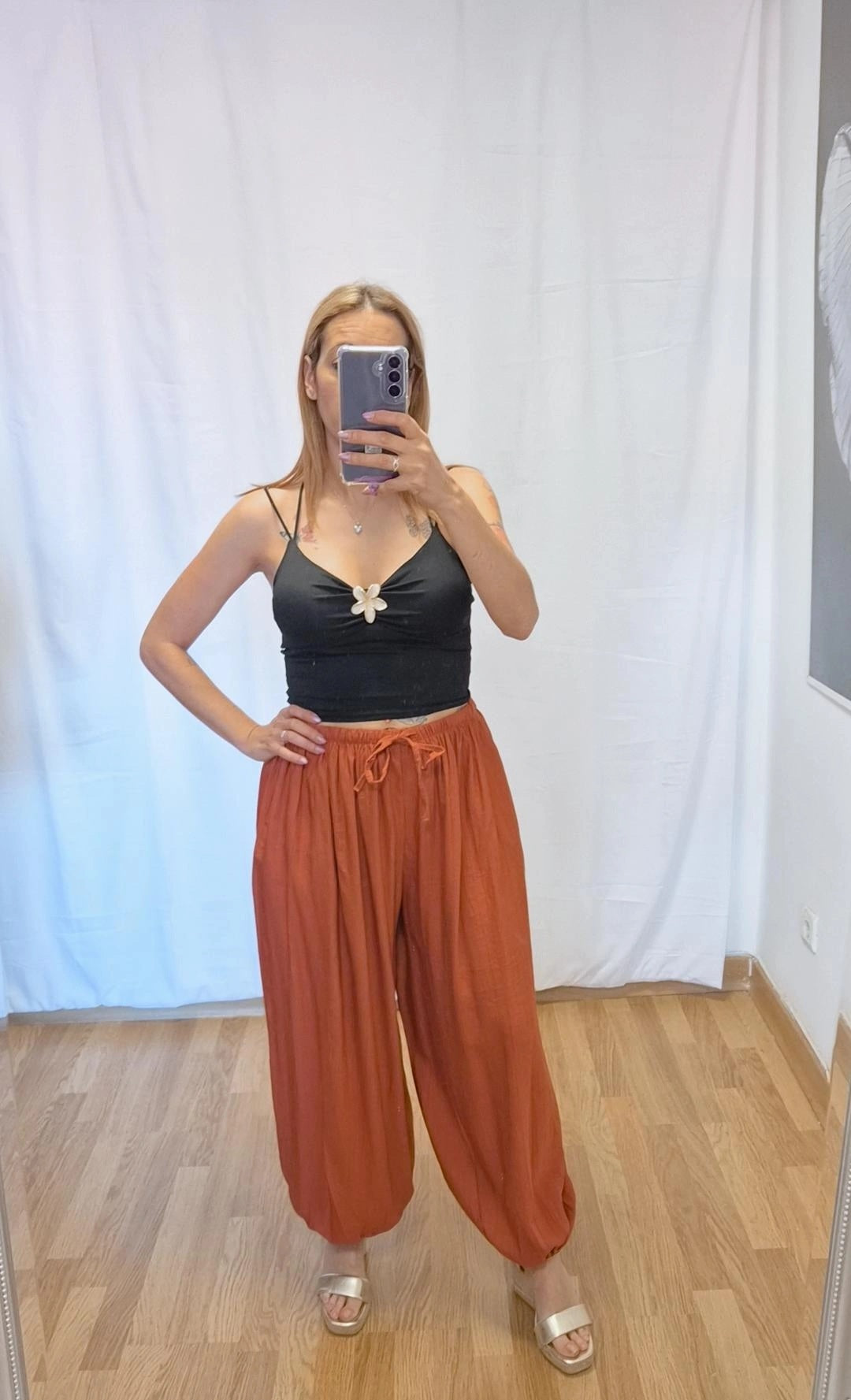 Pantalon globo fluido teja