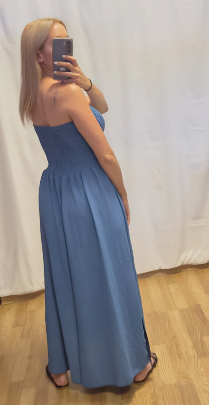 Vestido Largo Azul Palabra de Honor - vista trasera