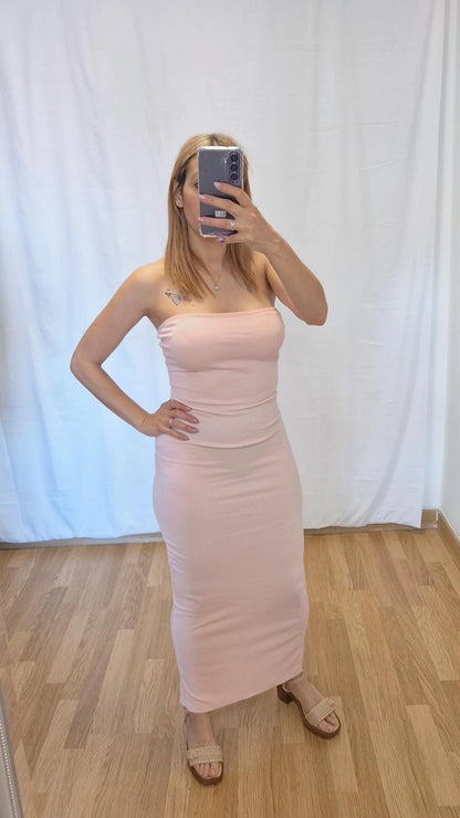 vestido palabra de honor rosa