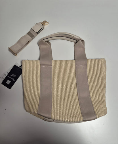 Bolso Tote Rafia Franjas Beige - vista frontal con correa desmontable