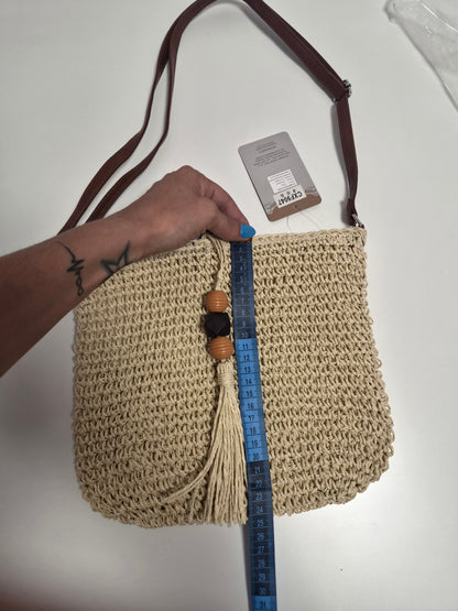 Bolso Rafia Pompón Cuentas Madera - medida alto 22cm