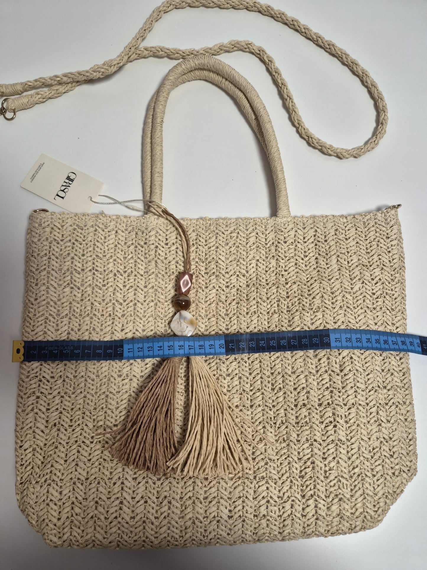 Bolso Tote Rafia Crudo con Pompón - medida ancho 40cm